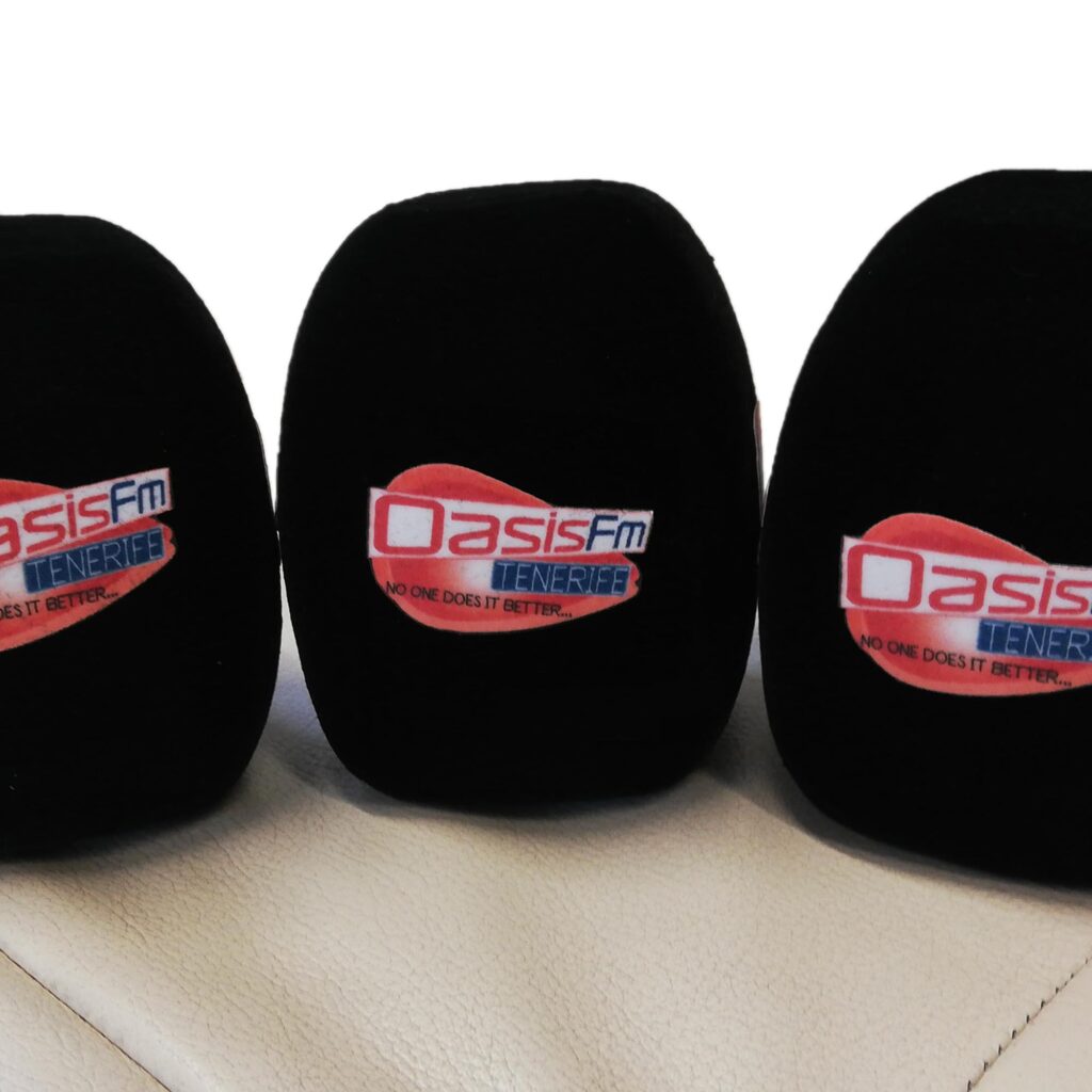 Photo of custom windscreen for Oasis Fm, ES - printed microphone windshield by MicWindshields.com