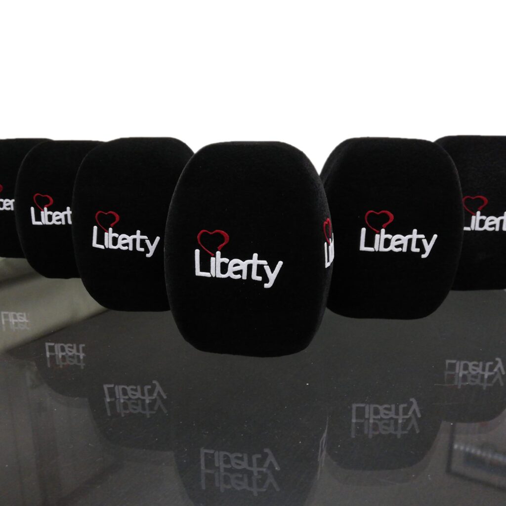Photo of custom windscreen for Liberty Radio, UK - printed microphone windshield by MicWindshields.com