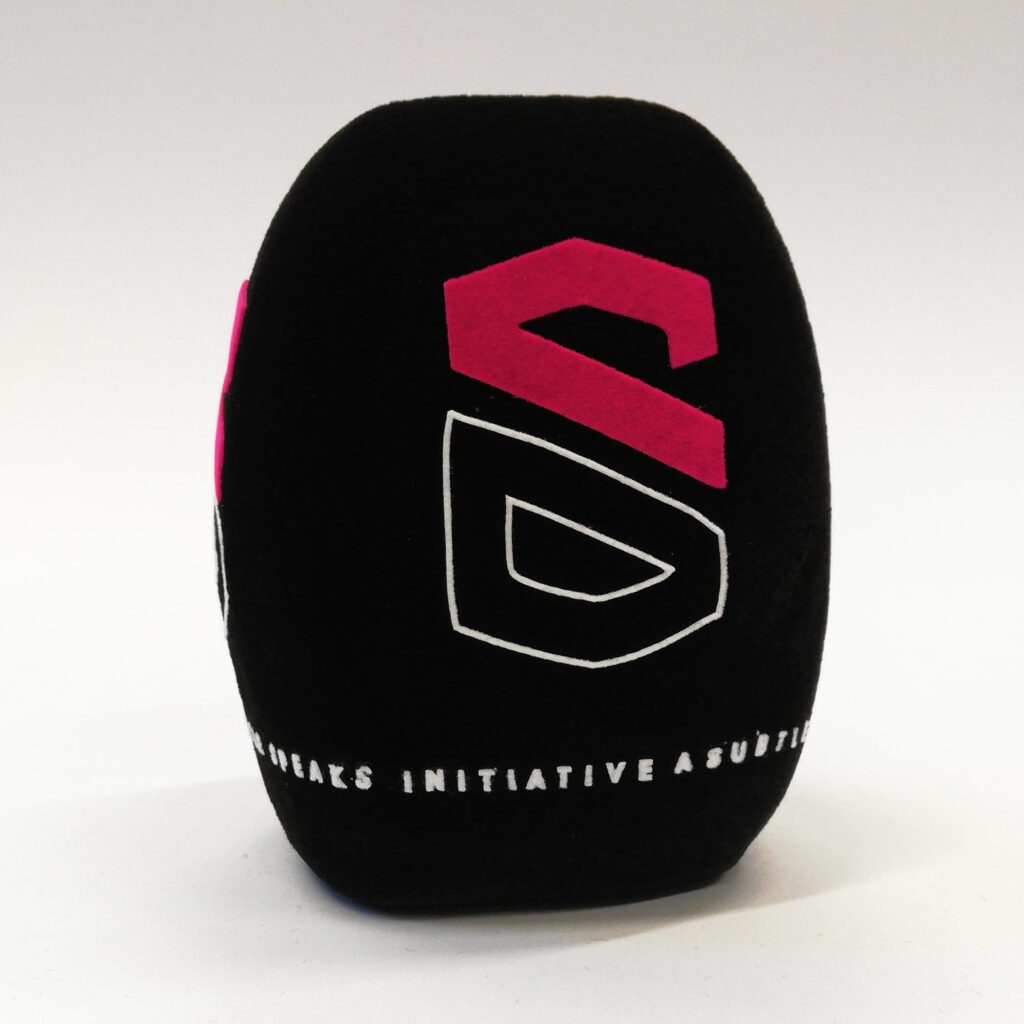 Photo of custom windscreen for Safer Dance, UK - printed microphone windshield by MicWindshields.com