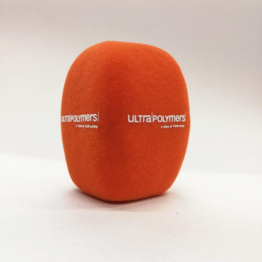 Photo of custom windscreen for Ultra Polymers, UK - printed microphone windshield by MicWindshields.com