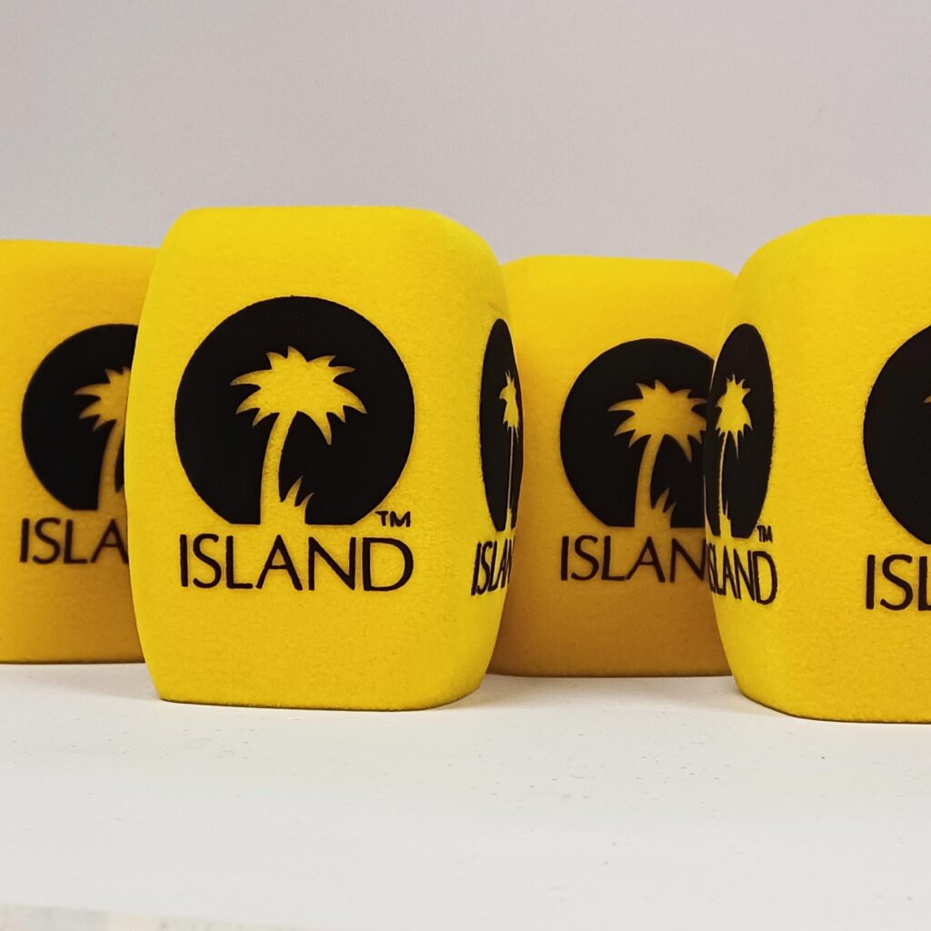 Photo of custom windscreen for ISLAND TM, UK - printed microphone windshield by MicWindshields.com