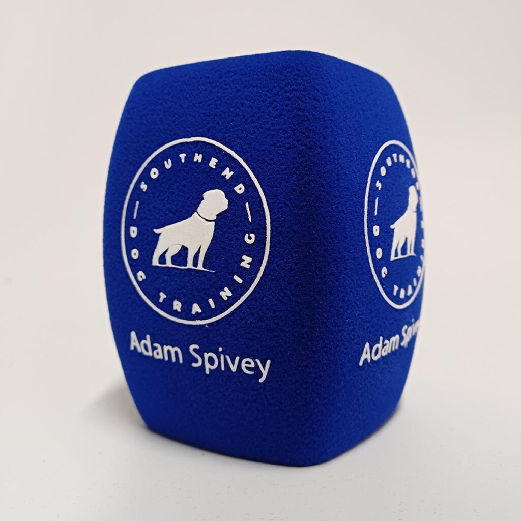 Photo of custom windscreen for Southend Dog Training, UK - printed microphone windshield by MicWindshields.com