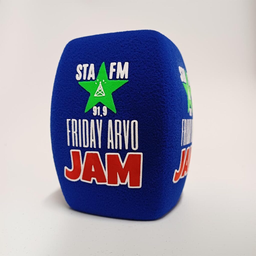 Photo of custom windscreen for Friday Arvo JAM, AU - printed microphone windshield by MicWindshields.com