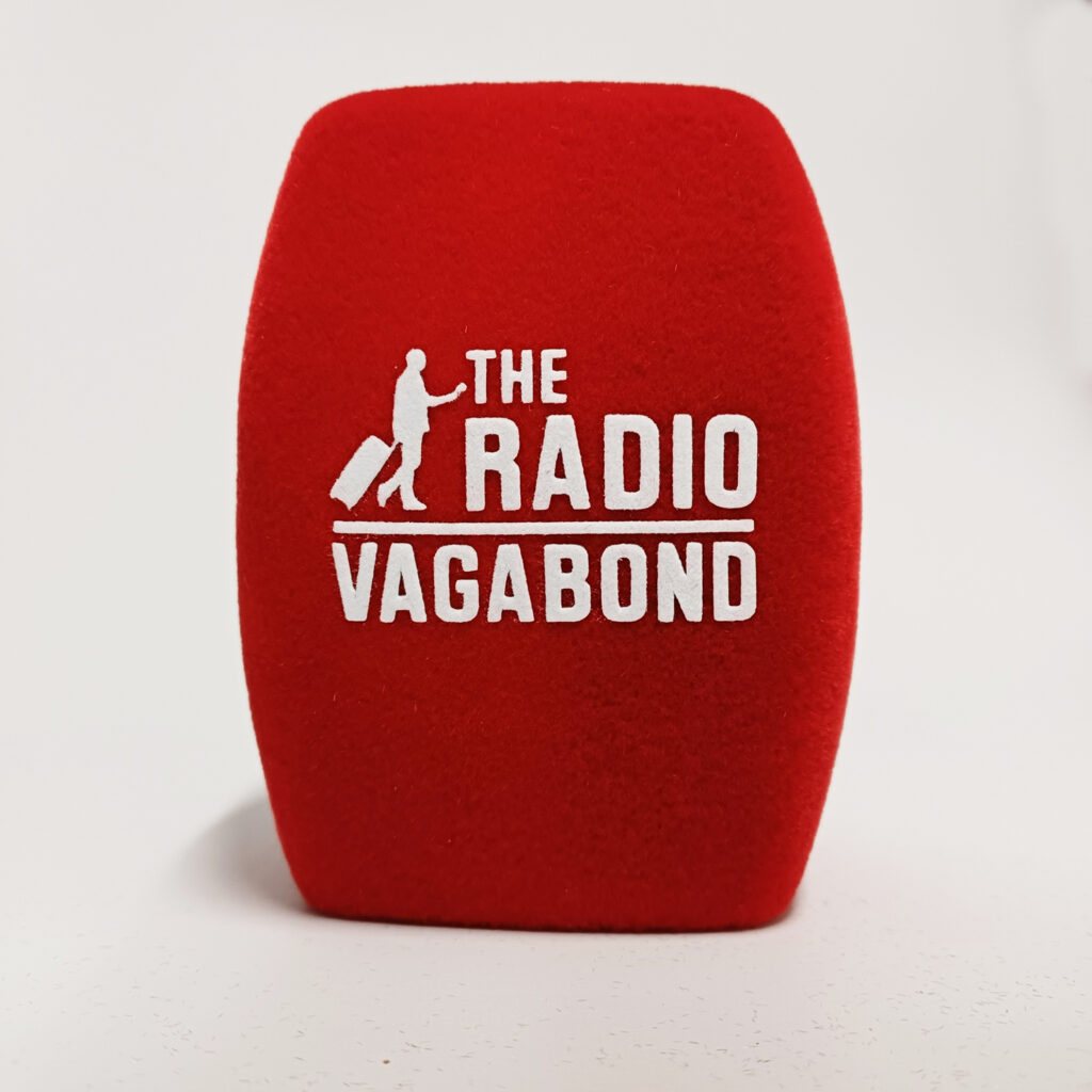 Photo of custom windscreen for The Radio Vagabond, DK - printed microphone windshield by MicWindshields.com
