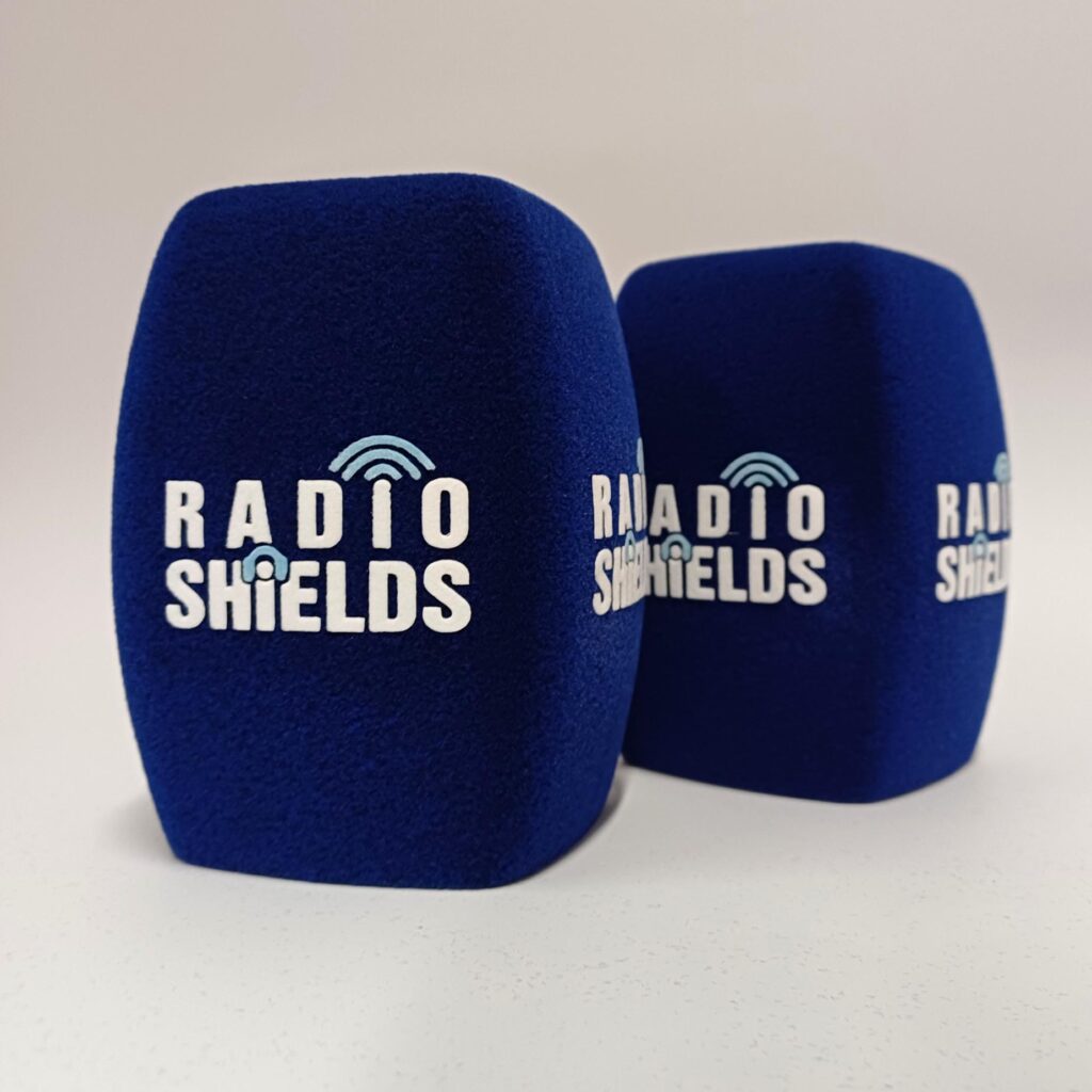 Photo of custom windscreen for Radio Shields, UK - printed microphone windshield by MicWindshields.com