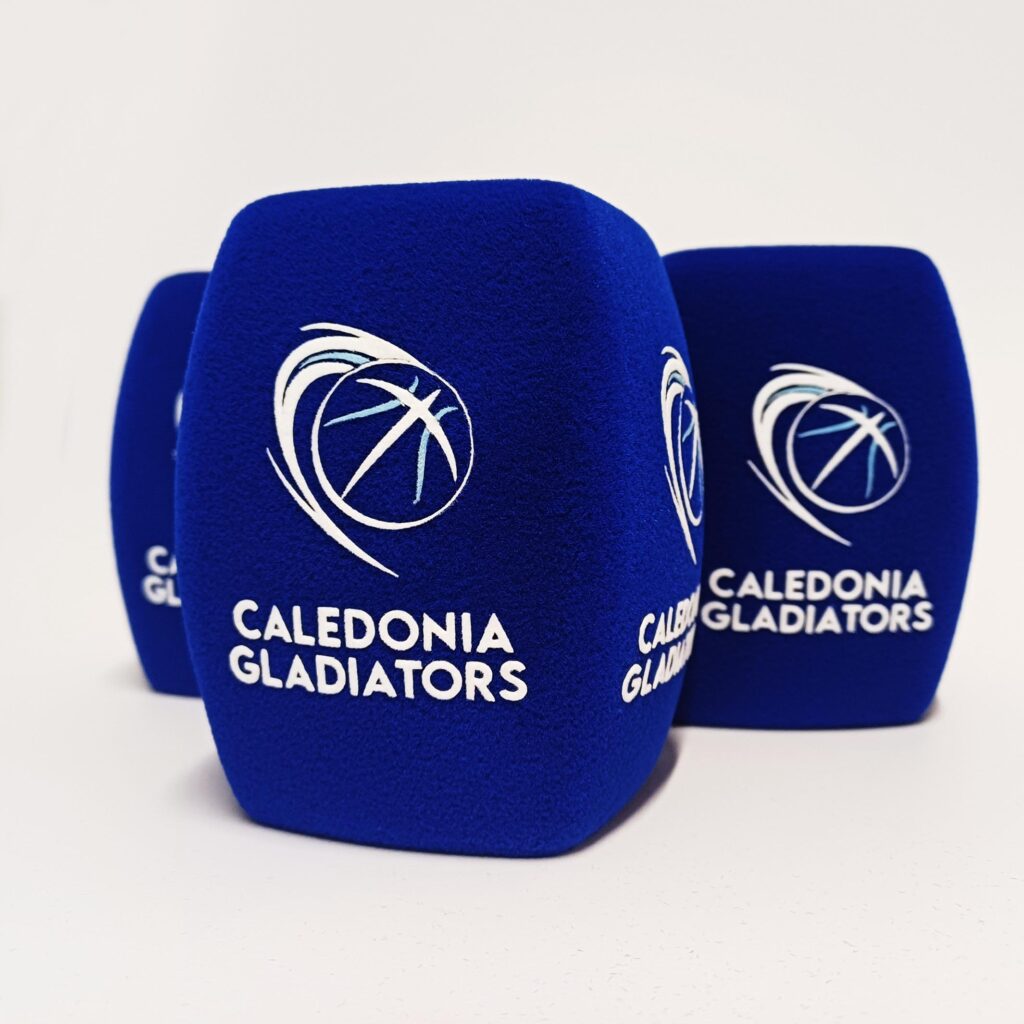 Photo of custom windscreen for Caledonia Gladiators, UK - printed microphone windshield by MicWindshields.com