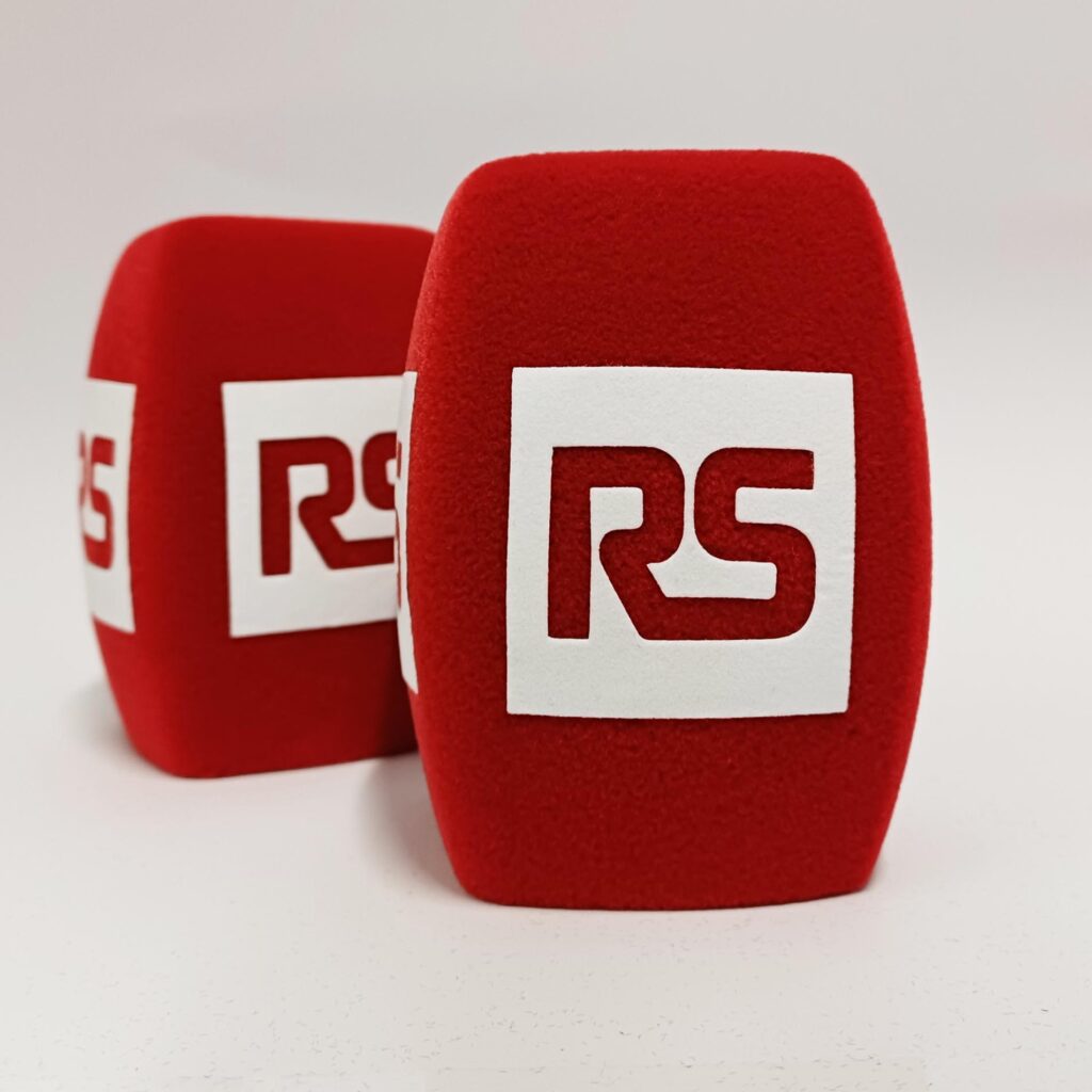 Photo of custom windscreen for RS Components, UK - printed microphone windshield by MicWindshields.com