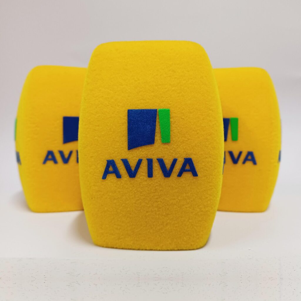 Photo of custom windscreen for AVIVA, IE - printed microphone windshield by MicWindshields.com