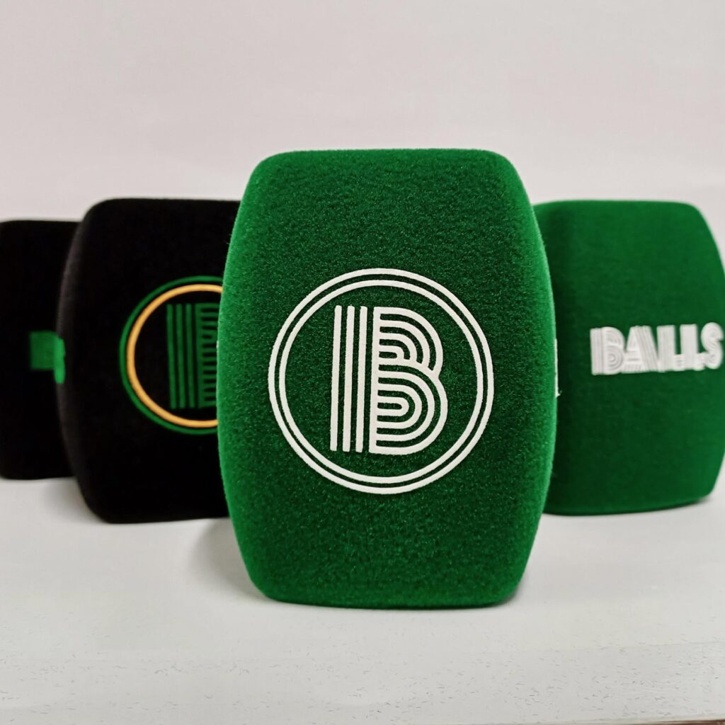 Photo of custom windscreen for Balls Media, IE - printed microphone windshield by MicWindshields.com