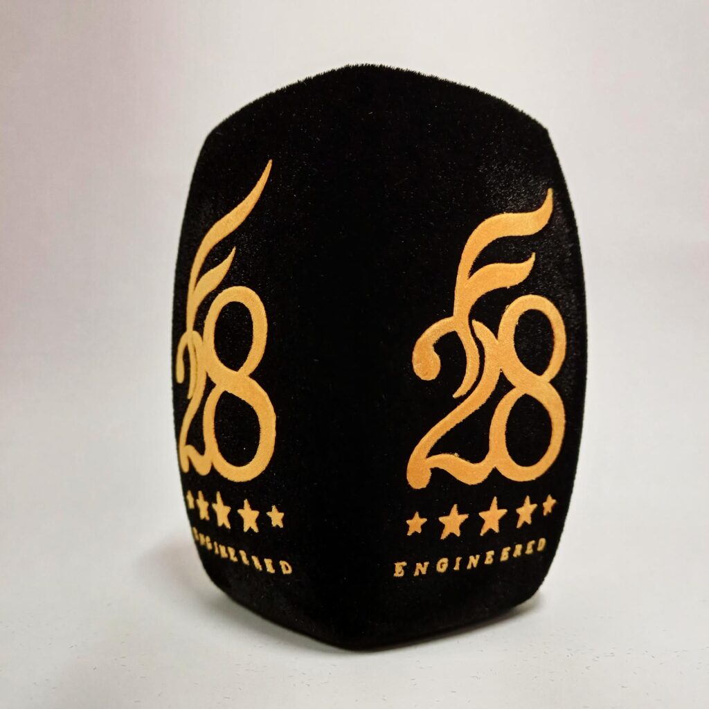 Photo of custom windscreen for F 28 Engineered, UK - printed microphone windshield by MicWindshields.com