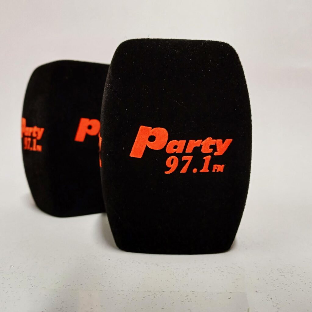 Photo of custom windscreen for Party 97,1 FM, GR - printed microphone windshield by MicWindshields.com