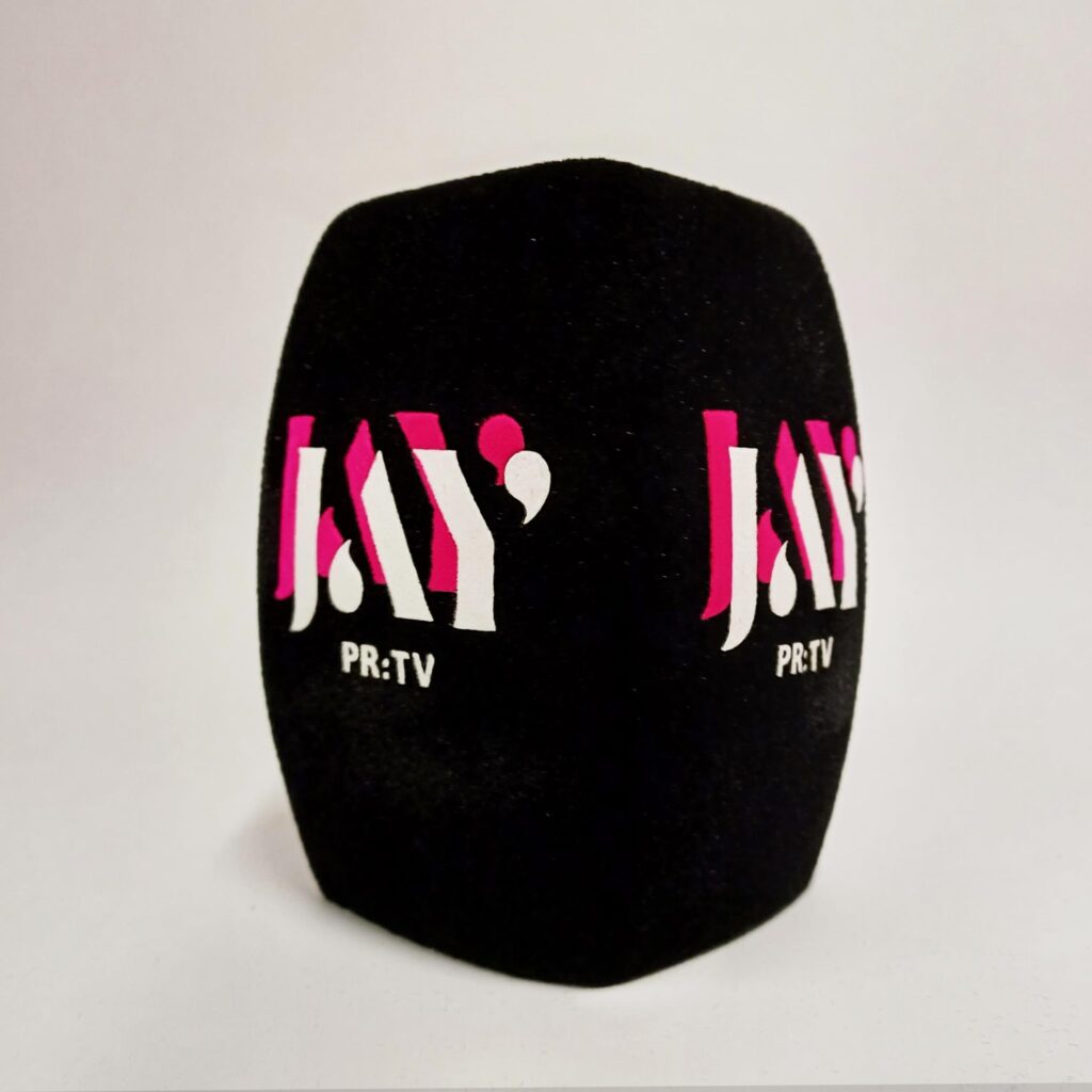 Photo of custom windscreen for JayJay PR:TV, UK - printed microphone windshield by MicWindshields.com