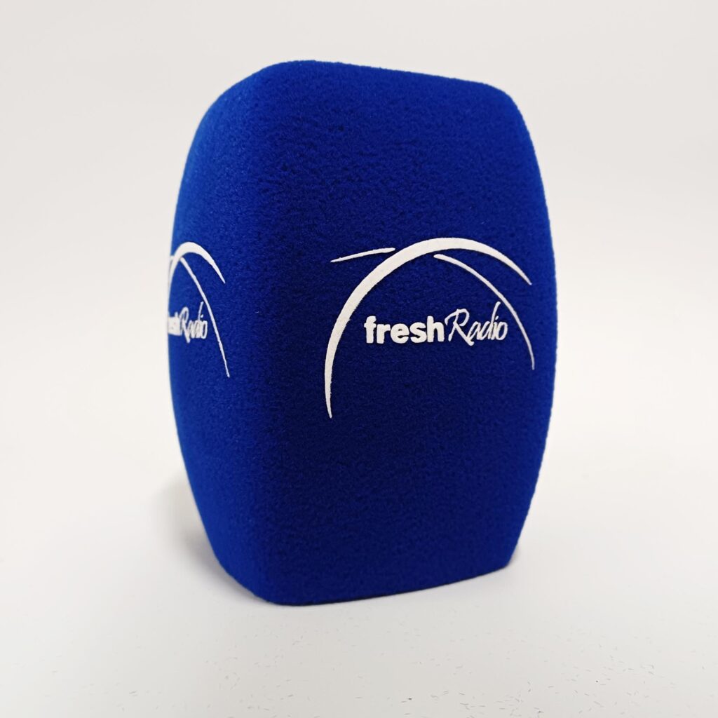 Photo of custom windscreen for Fresh Radio, ES - printed microphone windshield by MicWindshields.com