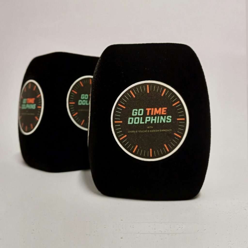 Photo of custom windscreen for Go Time Dolphins, UK - printed microphone windshield by MicWindshields.com