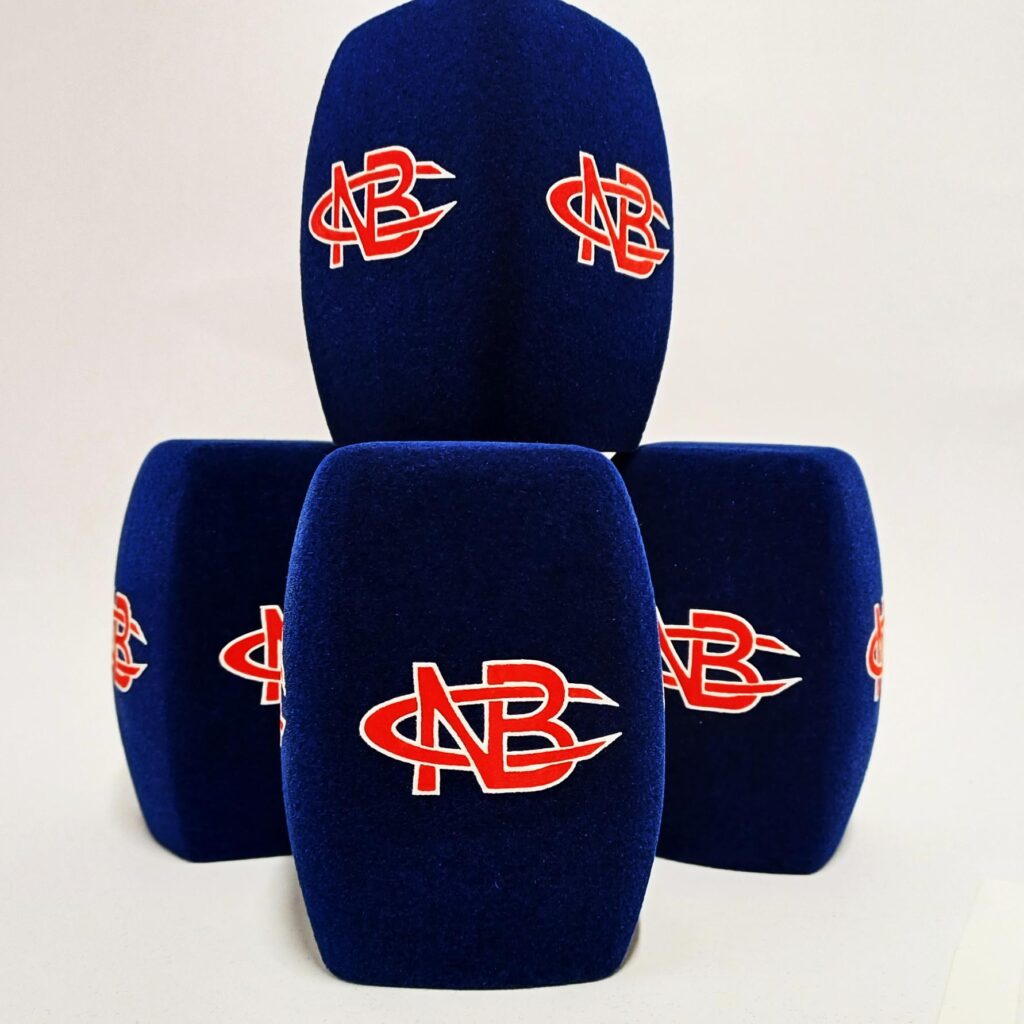 Photo of custom windscreen for NBC Newport Baseball Club, AU - printed microphone windshield by MicWindshields.com