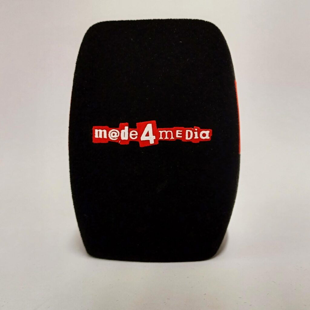 Photo of custom windscreen for Made 4 Media, DK - printed microphone windshield by MicWindshields.com