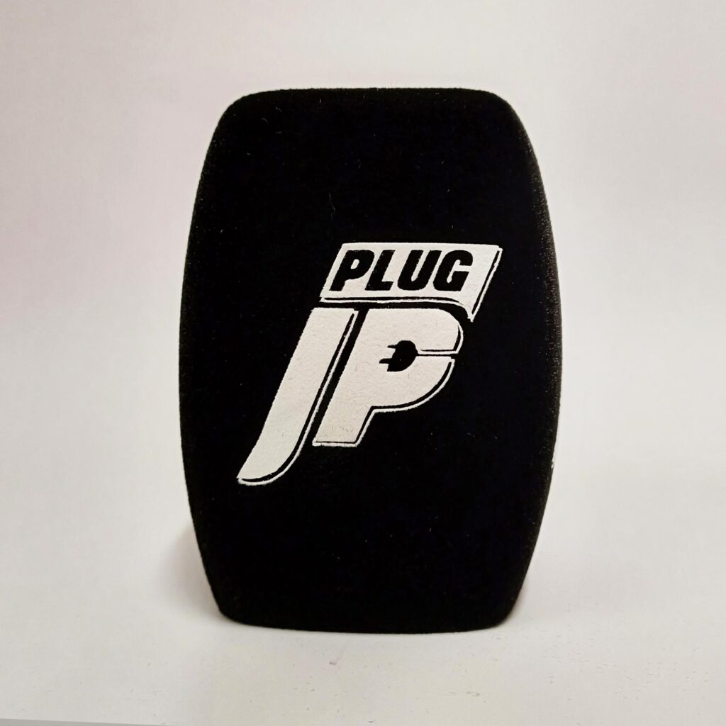Photo of custom windscreen for JP Plug, UK - printed microphone windshield by MicWindshields.com