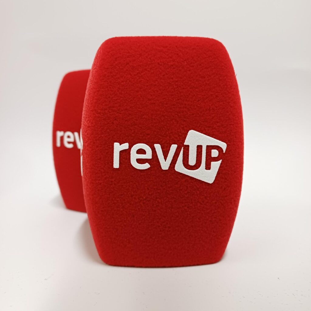 Photo of custom windscreen for Rev Up, CH - printed microphone windshield by MicWindshields.com