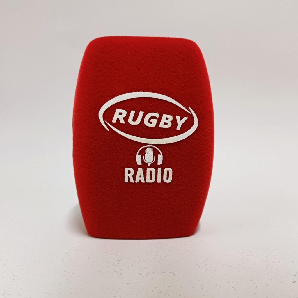 Photo of custom windscreen for Rugby Radio, UK - printed microphone windshield by MicWindshields.com