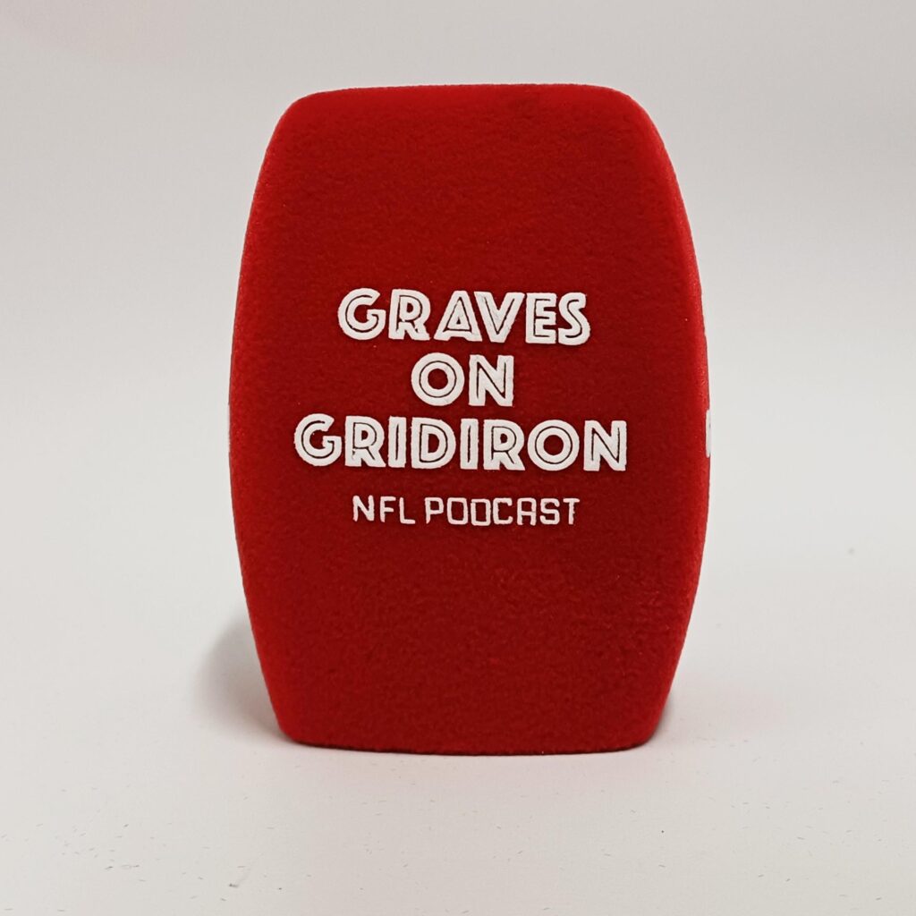 Photo of custom windscreen for Graves on Gridiron NFL Podcast, UK - printed microphone windshield by MicWindshields.com