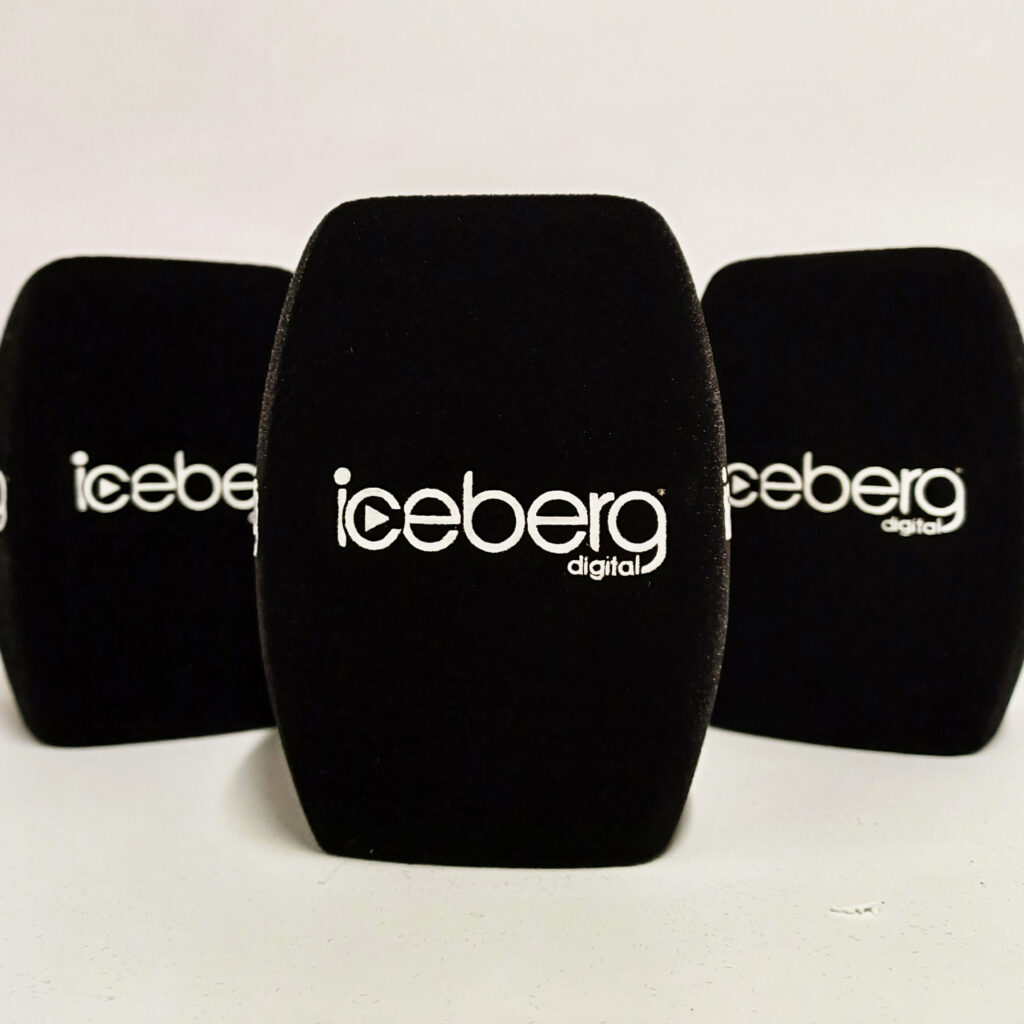 Photo of custom windscreen for Iceberg® Digital, UK - printed microphone windshield by MicWindshields.com