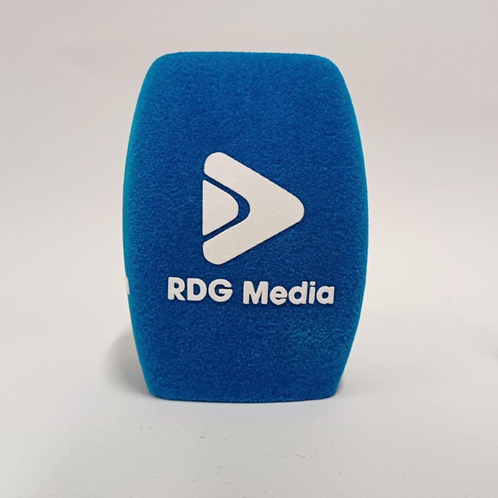 Photo of custom windscreen for RDG Media, UK - printed microphone windshield by MicWindshields.com