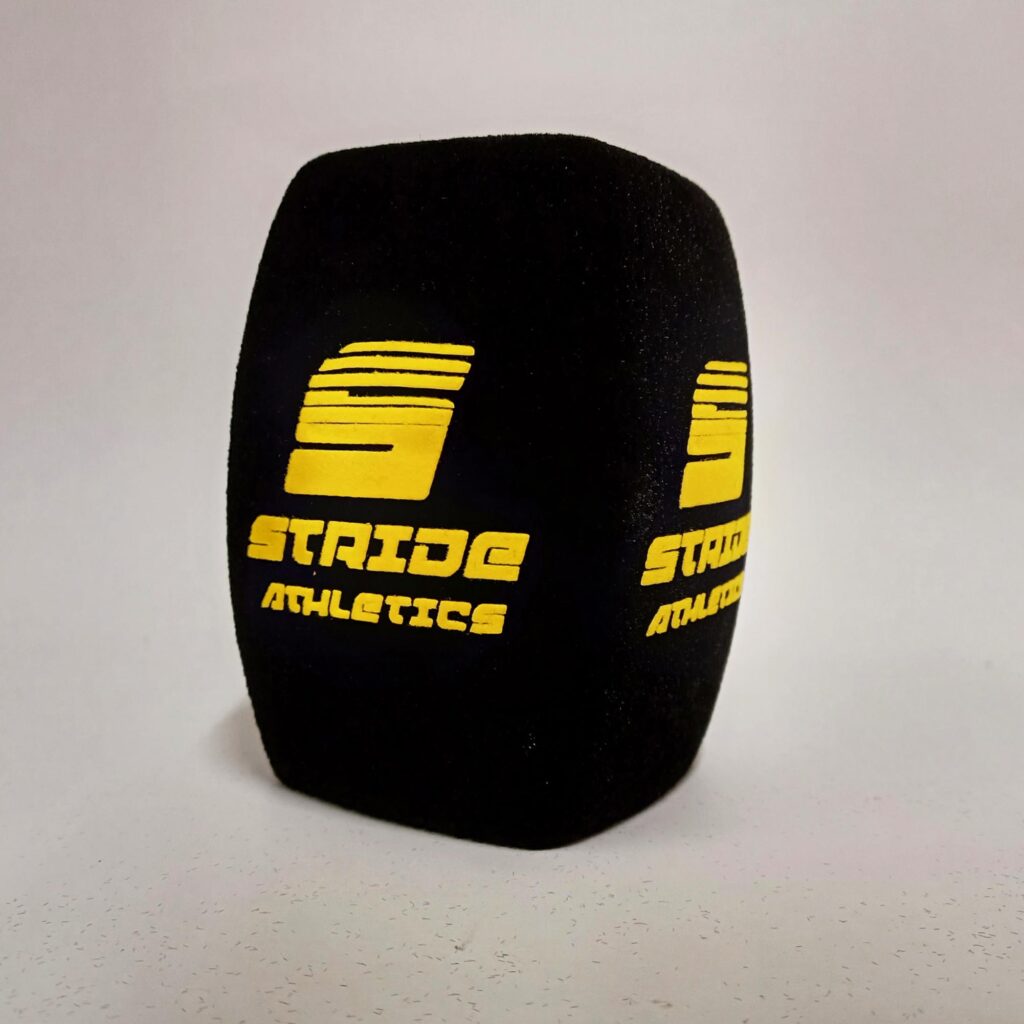Photo of custom windscreen for Stride Athletics, UK - printed microphone windshield by MicWindshields.com