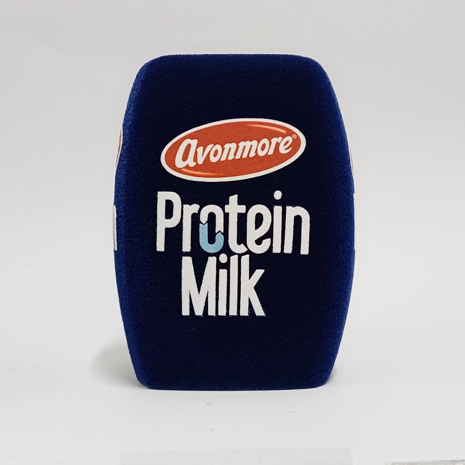 Photo of custom windscreen for Avonmore Protein Milk, IE - printed microphone windshield by MicWindshields.com