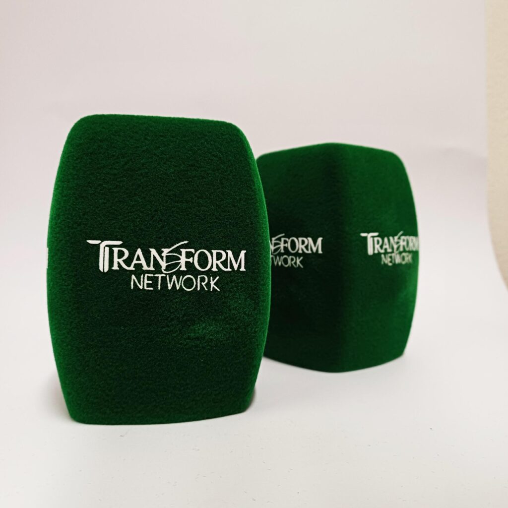 Photo of custom windscreen for Transform Network, UK - printed microphone windshield by MicWindshields.com