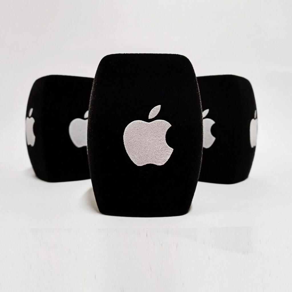 Photo of custom windscreen for Apple's Qcast, UK - printed microphone windshield by MicWindshields.com