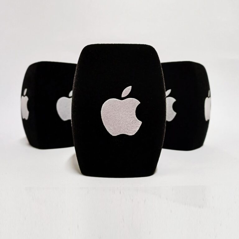 Photo of custom windscreen for Apple's Qcast, UK - printed microphone windshield by MicWindshields.com