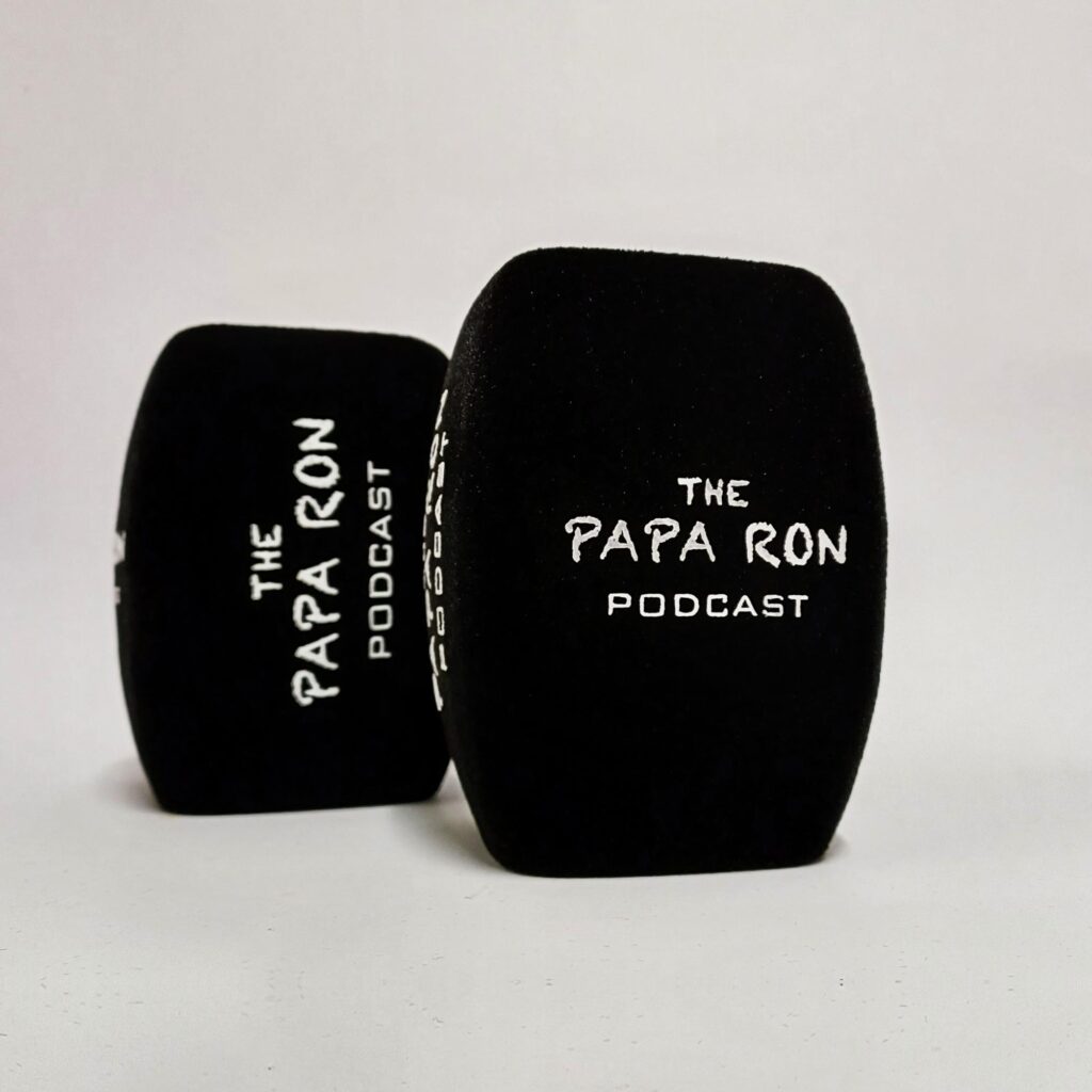 Photo of custom windscreen for The Papa Ron Podcast, US - printed microphone windshield by MicWindshields.com