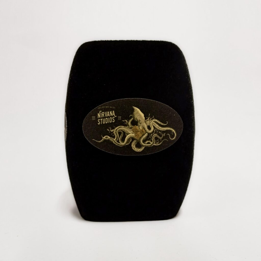 Photo of custom windscreen for Nirvana Studios, UK - printed microphone windshield by MicWindshields.com