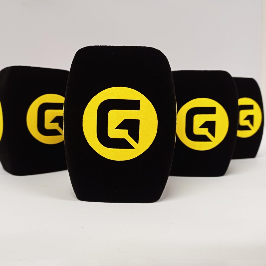 Photo of custom windscreen for Ger Conroy Fitness, IE - printed microphone windshield by MicWindshields.com