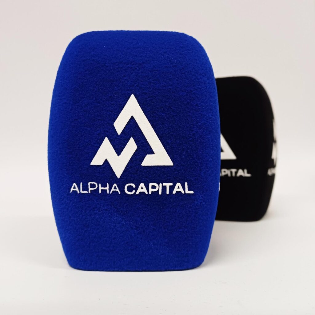 Photo of custom windscreen for Alpha Capital, UK - printed microphone windshield by MicWindshields.com
