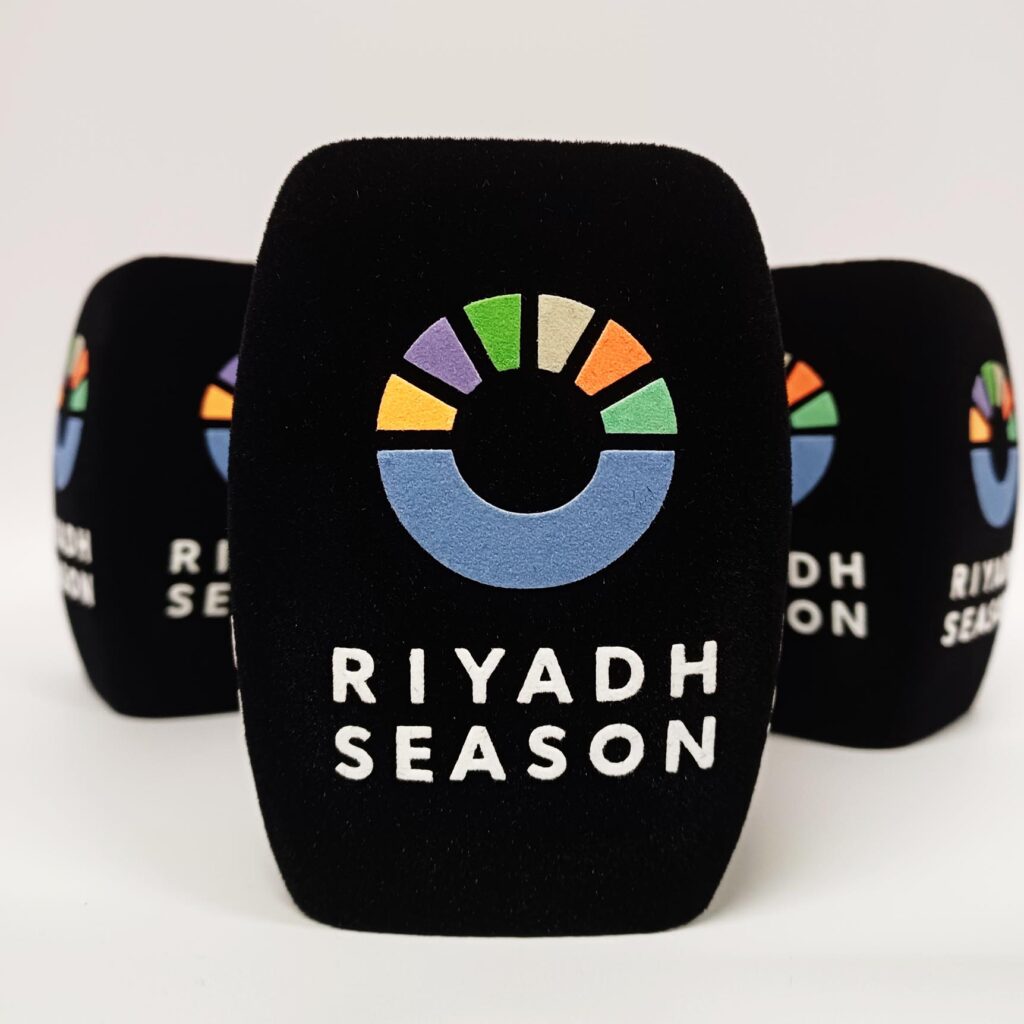 Photo of custom windscreen for Riyadh Season, UK - printed microphone windshield by MicWindshields.com