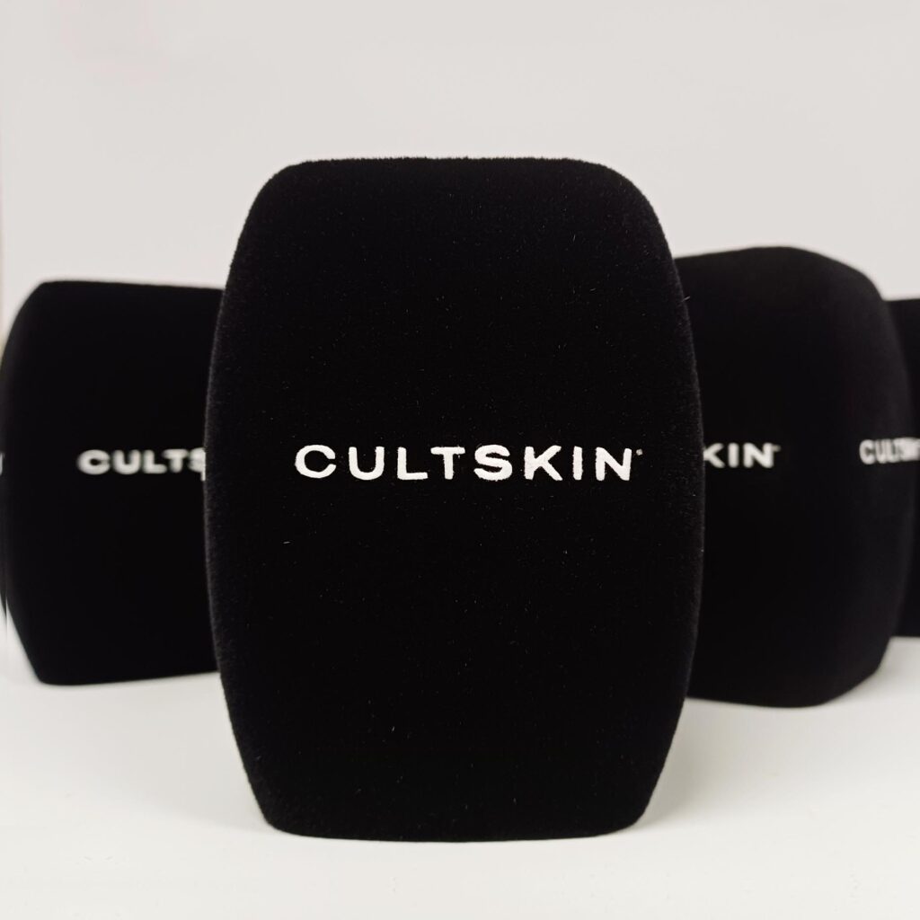 Photo of custom windscreen for Cultskin®, UK - printed microphone windshield by MicWindshields.com
