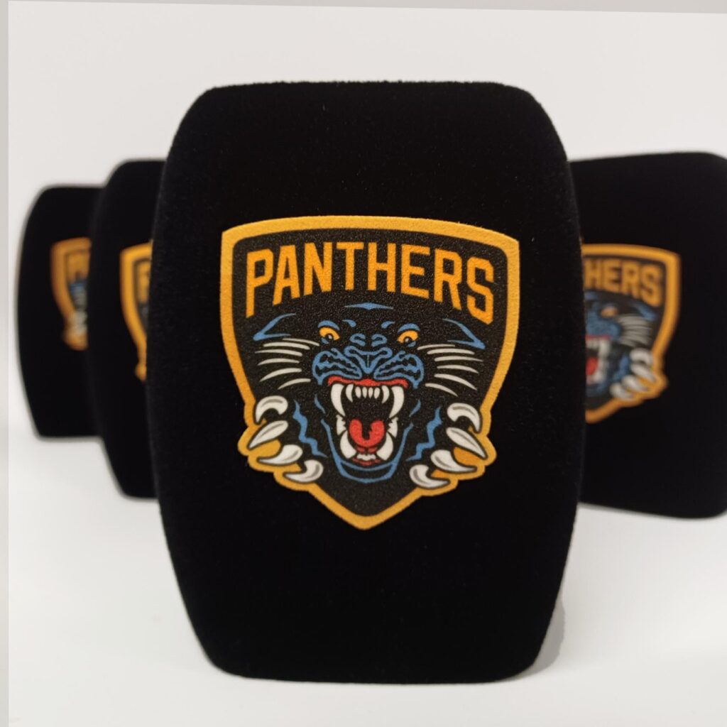 Photo of custom windscreen for Nottingham Panthers, UK - printed microphone windshield by MicWindshields.com