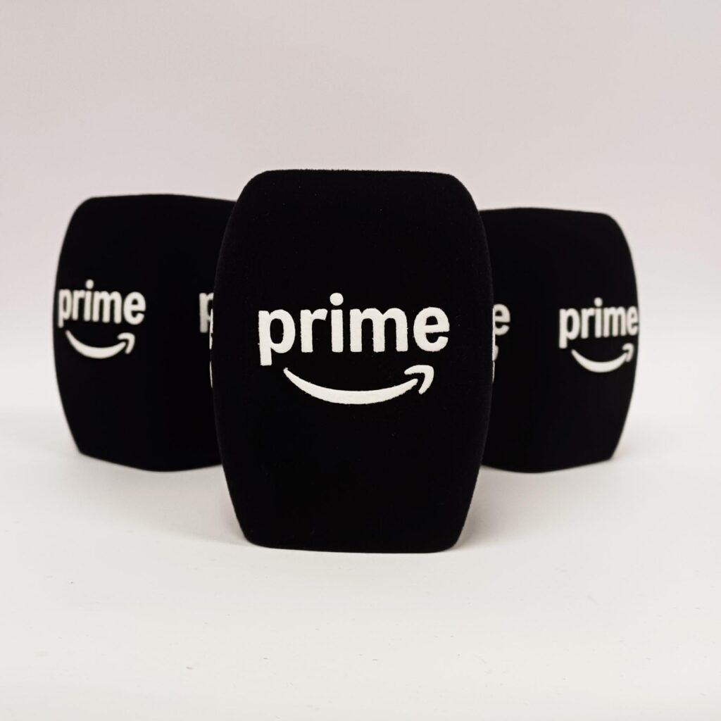 Photo of custom windscreen for Amazon Prime, UK - printed microphone windshield by MicWindshields.com