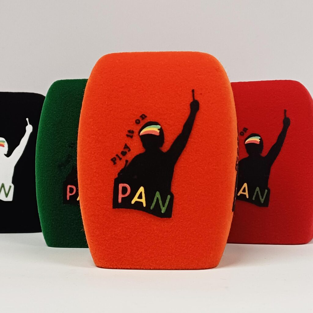 Photo of custom windscreen for Play it on Pan, UK - printed microphone windshield by MicWindshields.com