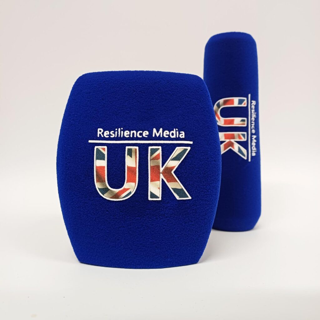 Photo of custom windscreen for Resilience Media UK, UK - printed microphone windshield by MicWindshields.com