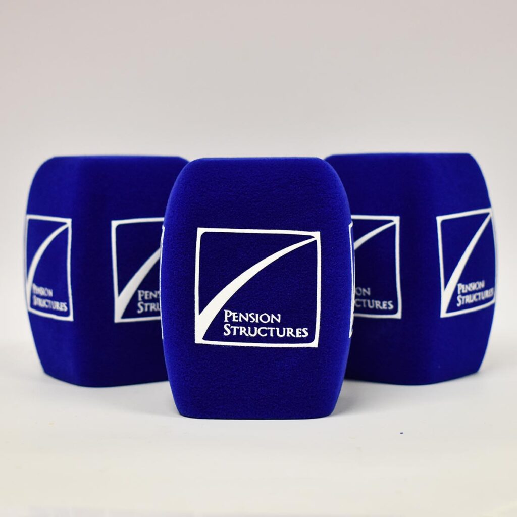 Photo of custom windscreen for Pension Structures, IE - printed microphone windshield by MicWindshields.com