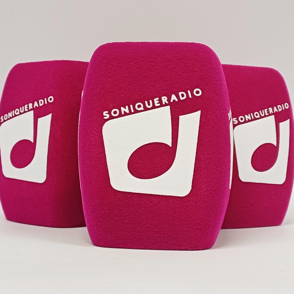 Photo of custom windscreen for Soniqueradio, BE - printed microphone windshield by MicWindshields.com
