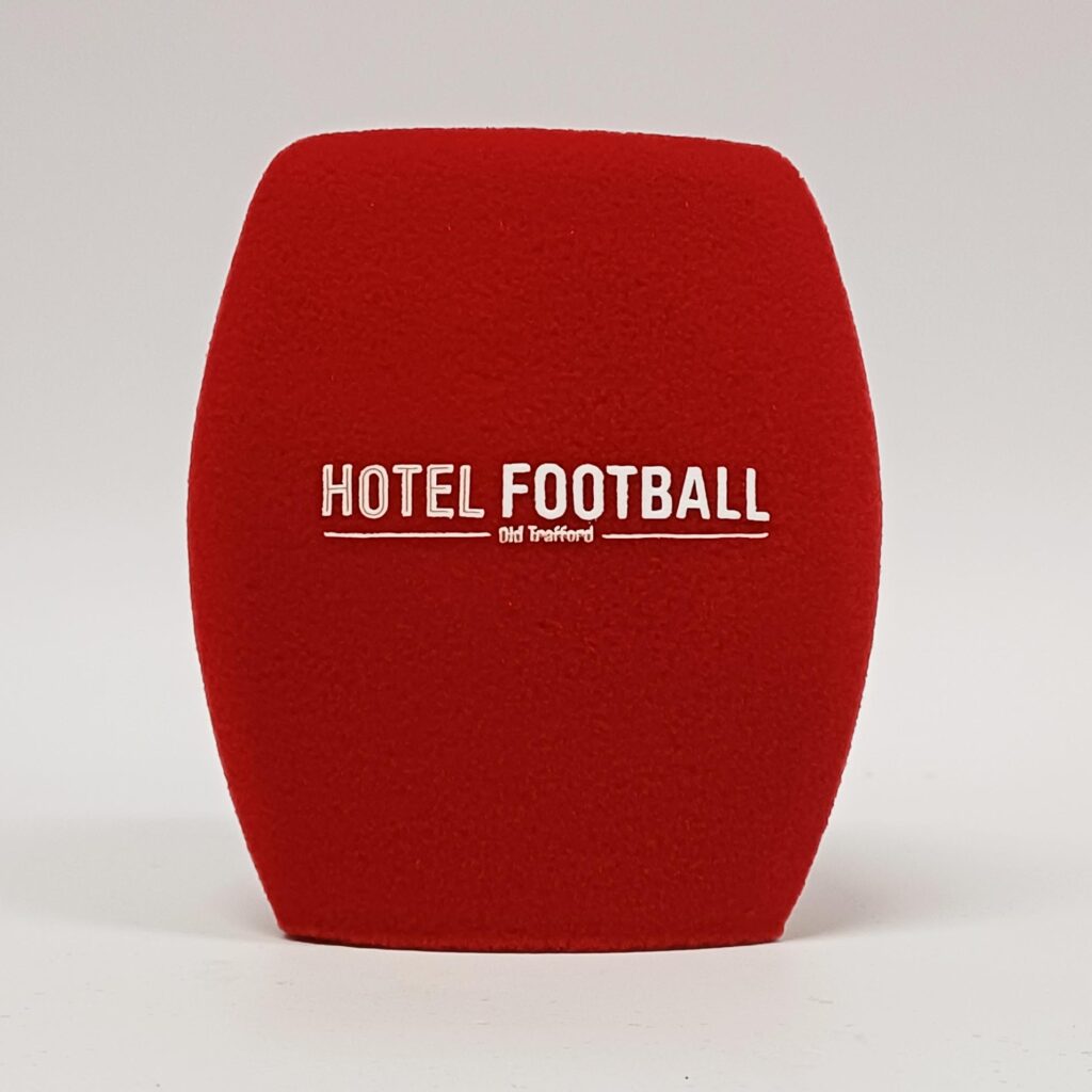Photo of custom windscreen for Hotel Football Old Trafford, UK - printed microphone windshield by MicWindshields.com