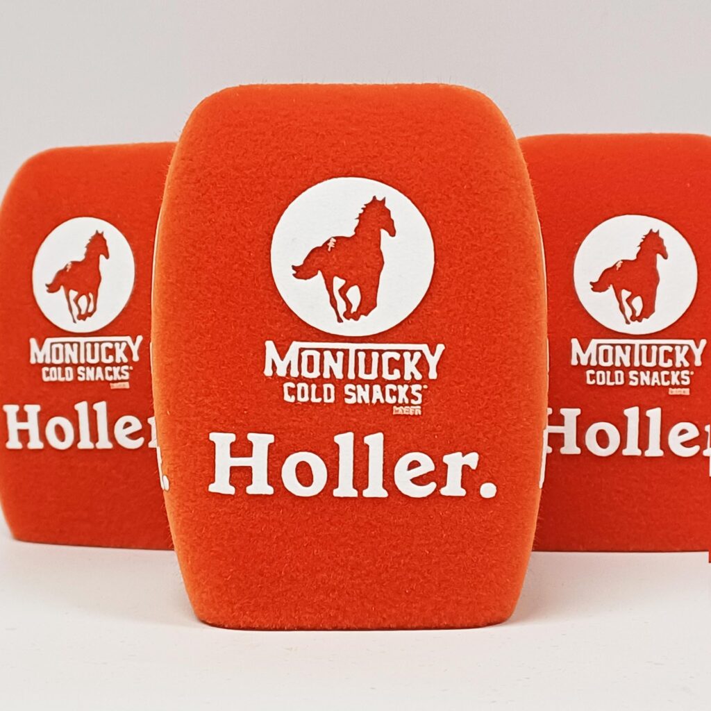 Photo of custom windscreen for Montucky Cold Snacks, US - printed microphone windshield by MicWindshields.com