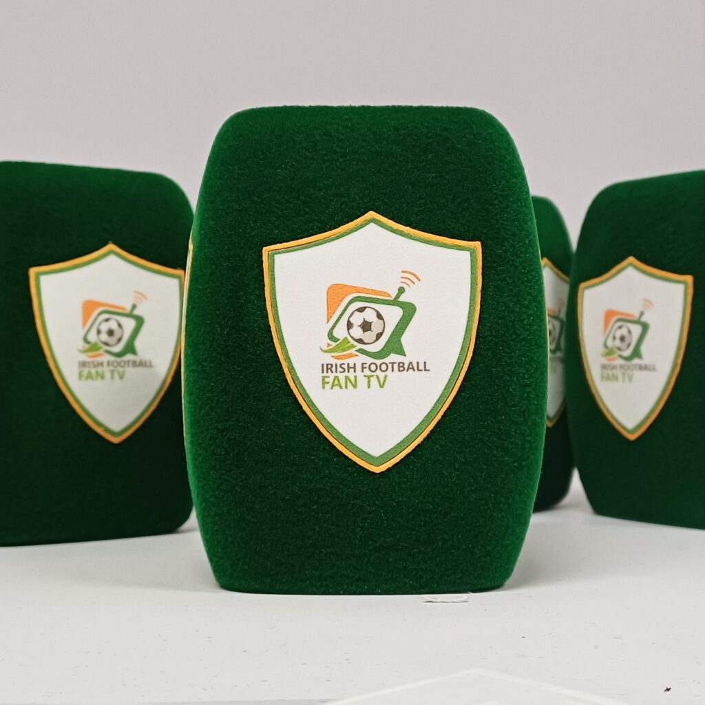 Photo of custom windscreen for Irish Football Fan TV, IE - printed microphone windshield by MicWindshields.com
