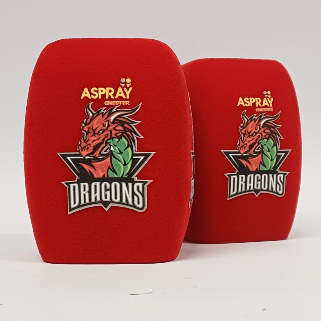Photo of custom windscreen for Aspray Chester Dragons, UK - printed microphone windshield by MicWindshields.com