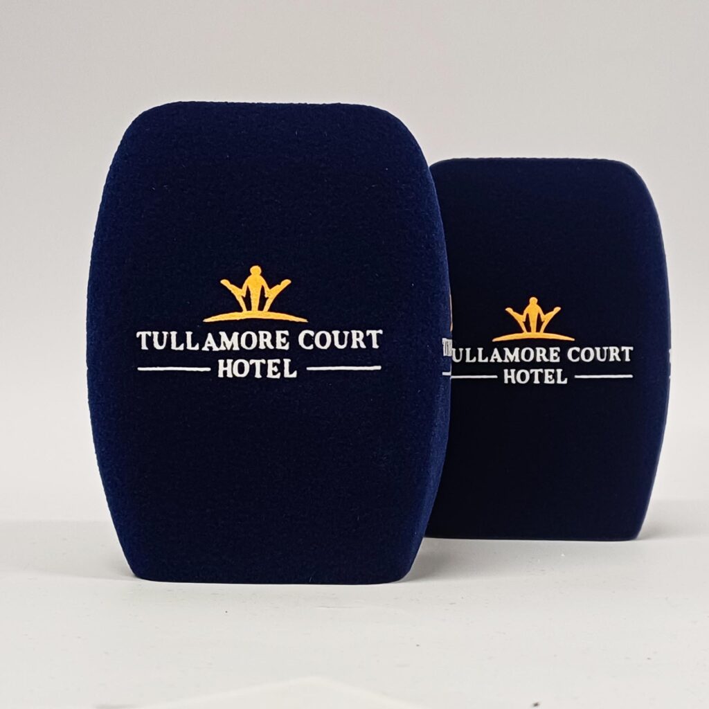 Photo of custom windscreen for Tullamore Court Hotel, IE - printed microphone windshield by MicWindshields.com
