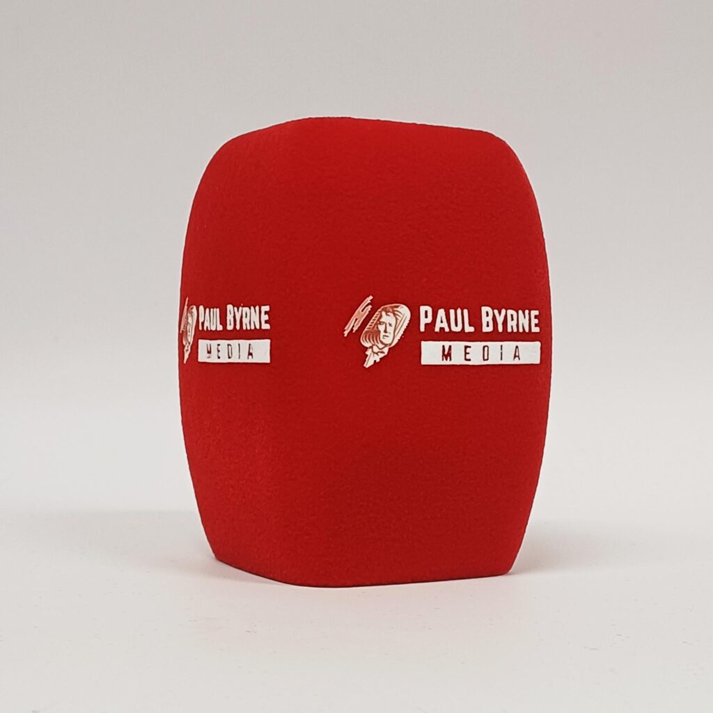 Photo of custom windscreen for Paul Byrne Media, IE - printed microphone windshield by MicWindshields.com