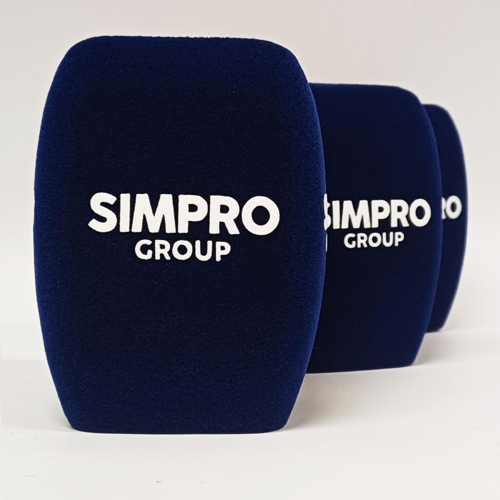 Photo of custom windscreen for SIMPRO Group, UK - printed microphone windshield by MicWindshields.com